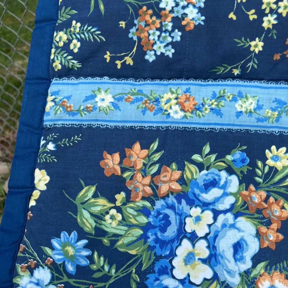 Vtg Handmade Quilt 78x82 Blue Floral Cottagecore Hand Stitched Cotton Full Queen